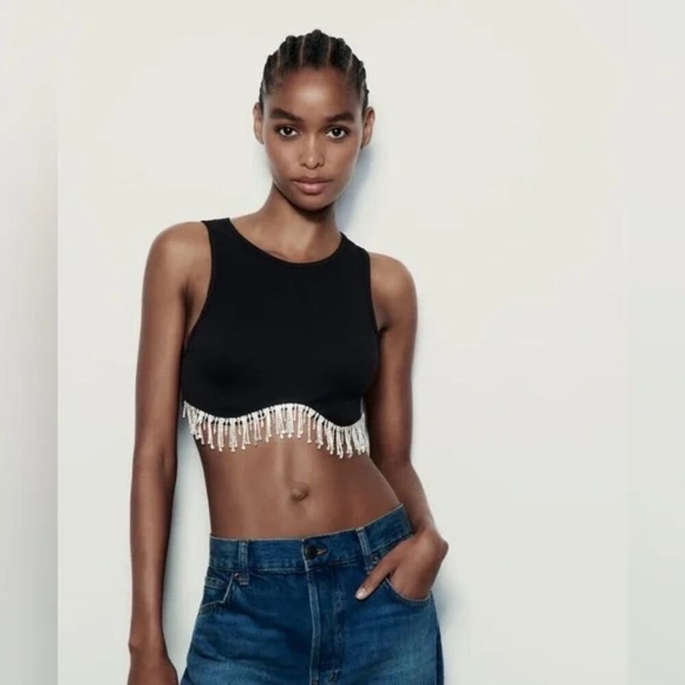 Women's Black Rhinestone Fringe Sleeveless Boho Crew Neck Crop Tank Top Size S